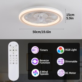[Remote Control RGB Fan] Modern Low-Profile Ceiling Fan with RGB LED Lights - Remote Control 6-Speed Quiet Built-in Fan, Color-Changing RGB Lighting 3000K-6500K for Kids' Room, Bedroom, Living Room, Bedroom Airflow Solution, Integrated Lighting Fixture, Durable Light Combination