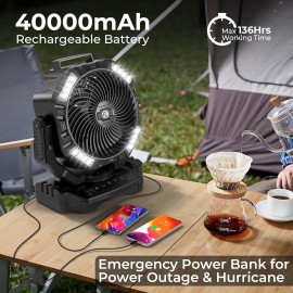 Portable Camping Fan with LED Lantern & Remote Control - 40000mAh Rechargeable Battery- USB Fan, Auto-Oscillating Oscillator, 4-Speed/4-Timer, Low Voltage (36V) for Outdoor, Power Outages, Hurricane Emergencies, Jobsite Cooling System