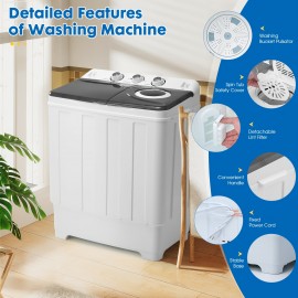 28lbs Capacity Portable Washing Machine Twin Tub - Compact Washer And Spinner Dryer Combo With Drain Pump - Semi Automatic Washing Machine For Apartments, Dorms, RVs, Camping