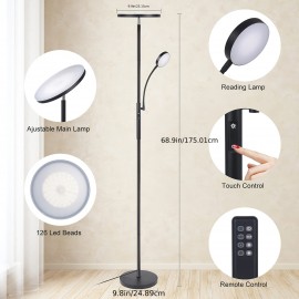 2-Way LED Floor Lamp with Remote & Touch Control, 27W/2300LM Main Light & 7W/350LM Reading Light, 4 Adjustable Color Temperatures (5000K-100% Brightness), Metal Standing Lamps for Home & Office