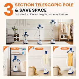 tanding Garment Steamer With Roll Wheels For Easy Movement, Water Tank For 1 Hour Continuous Steaming, Adjustable Pole For Storage, Easy-Roll Wheels, Garment Hanger, & Fabric Brush